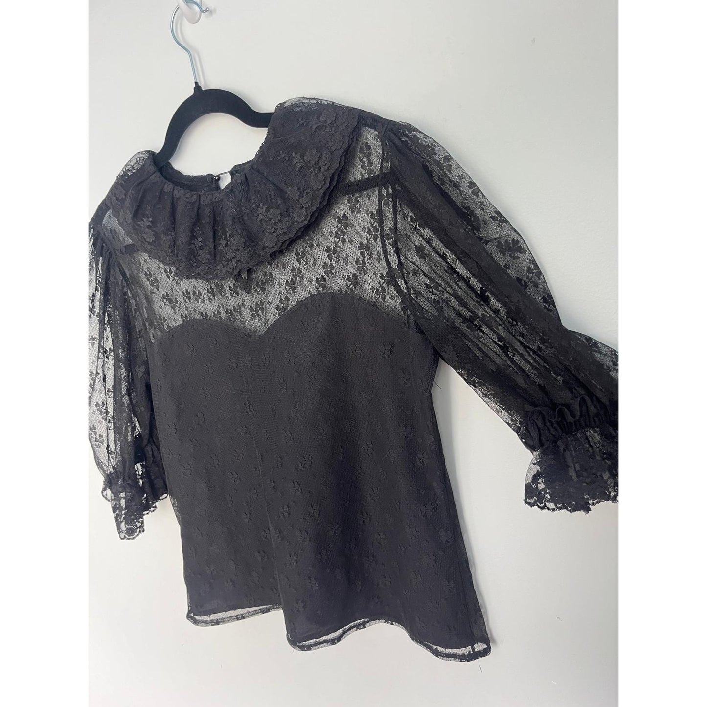 Jean for Joseph Le Bon Sheer Lace Blouse Women 8 Black Victorian Puff Sleeve