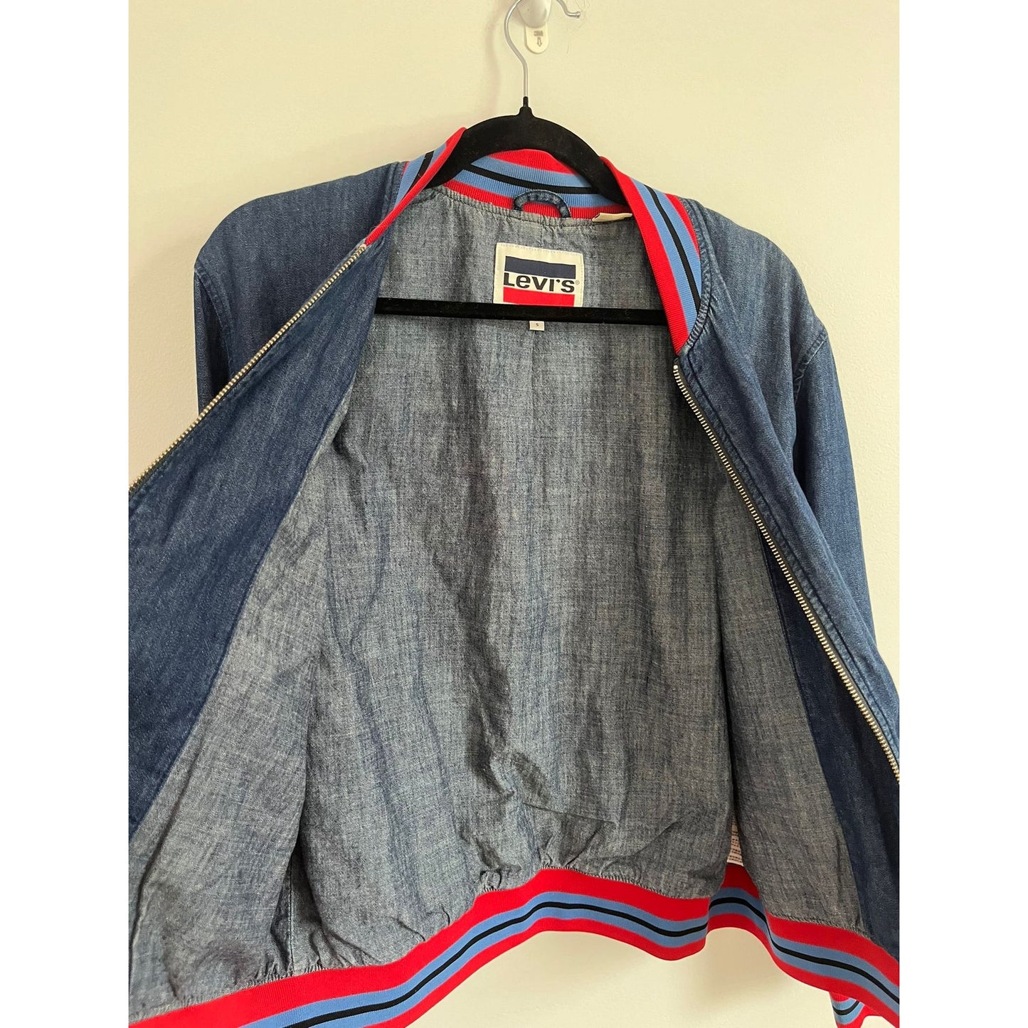 Levis Bomber Jacket Women S Blue Denim Zip Front Red Stripe Trim Retro Logo