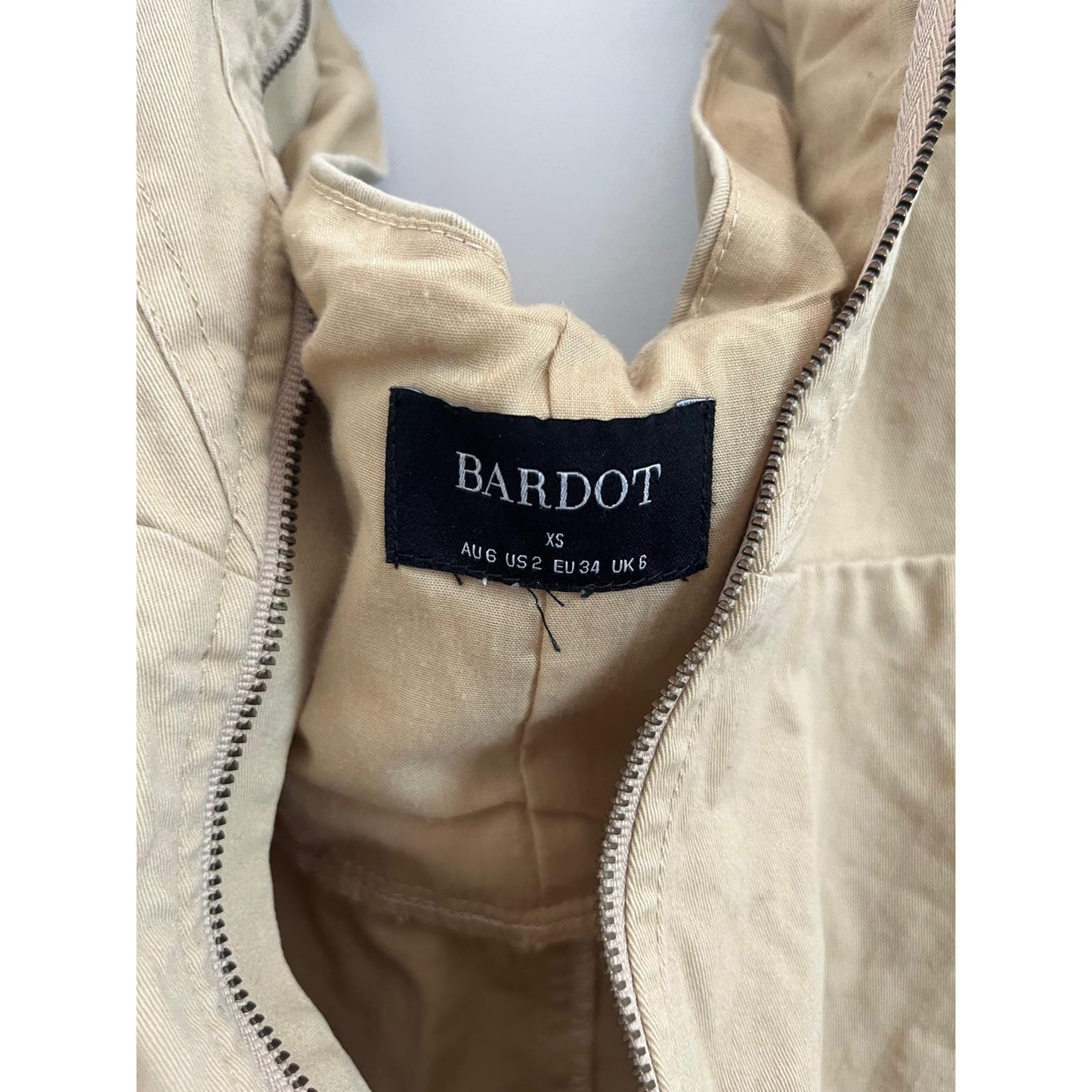 Bardot Halter Mini Dress Women XS Beige Zip Front Flared Cotton
