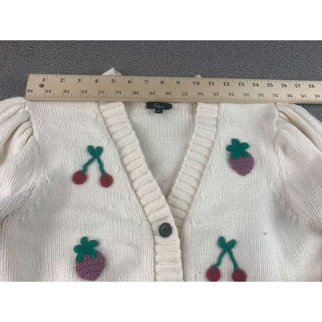 Rails Cardigan Women M Cream Button Front Cherry Strawberry Knit Puff Sleeve