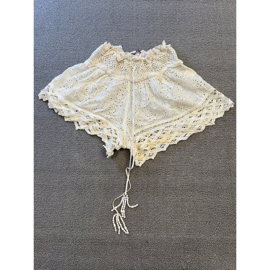 Boho Crochet Lace Eyelet Shorts  Women XS White Summer Beachwear