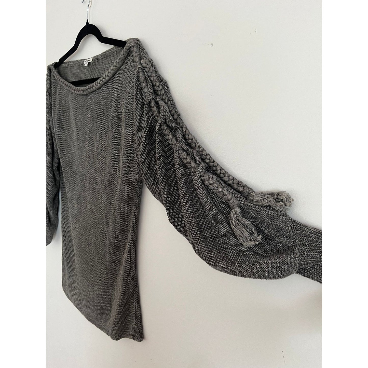 Foley + Corinna Sweater Women S Gray Knit Boatneck Braided Sleeve Boho Pullover