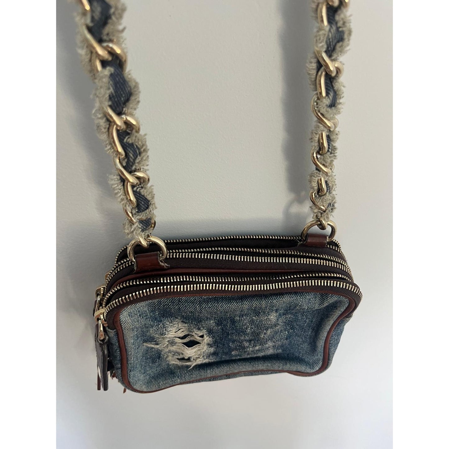 Dolce & Gabbana Denim Mini Crossbody Bag Distressed Tassel Chain Strap