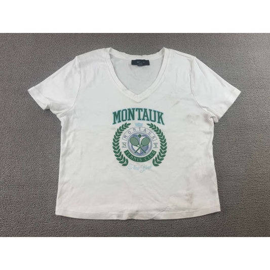 Forever 21 Women 1X White Plus Montauk Tennis Club Tee V Neck Crop Graphic Shirt