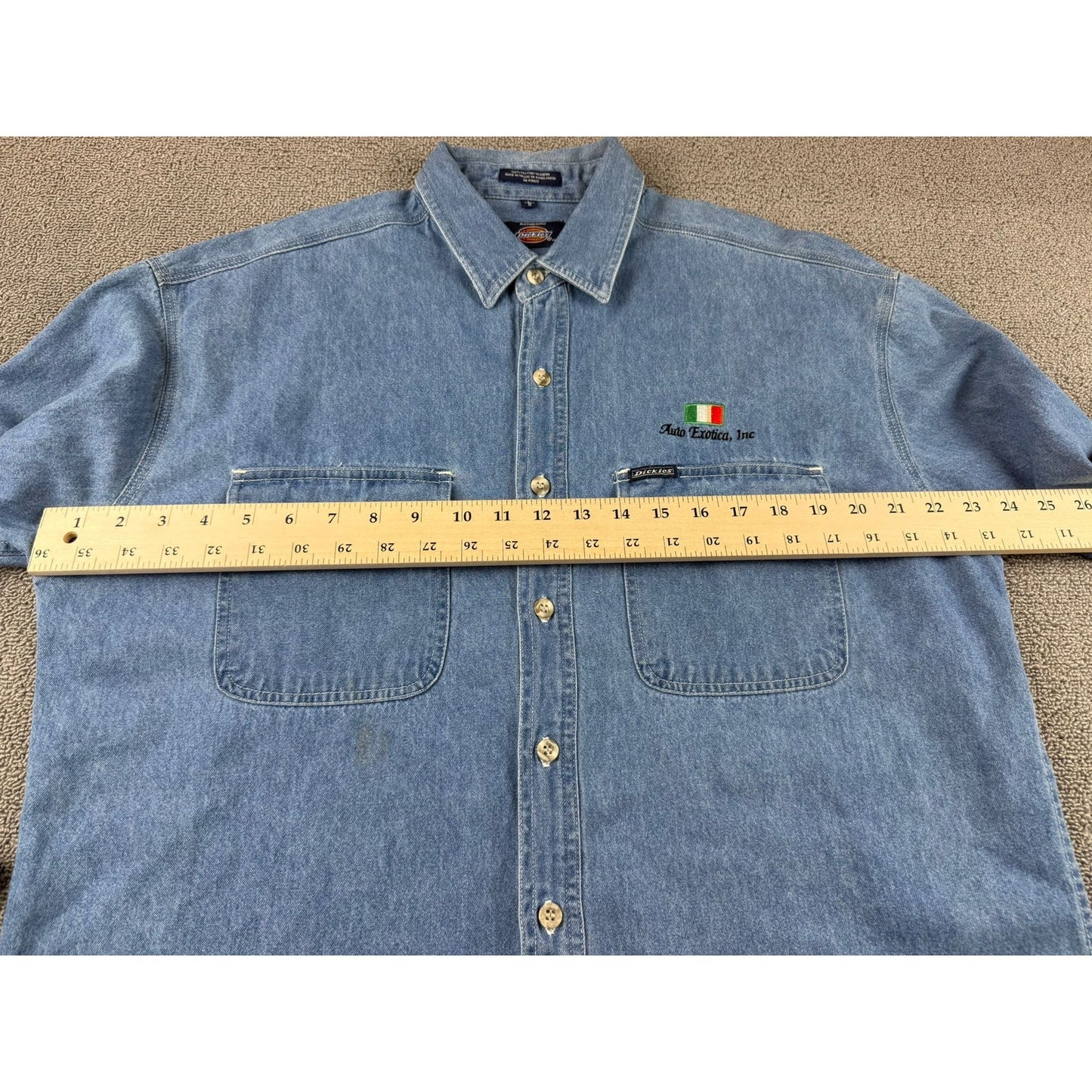 Y2K Dickies Denim Shirt Blue L Button Down Embroidered Auto Erotica Italy Flag