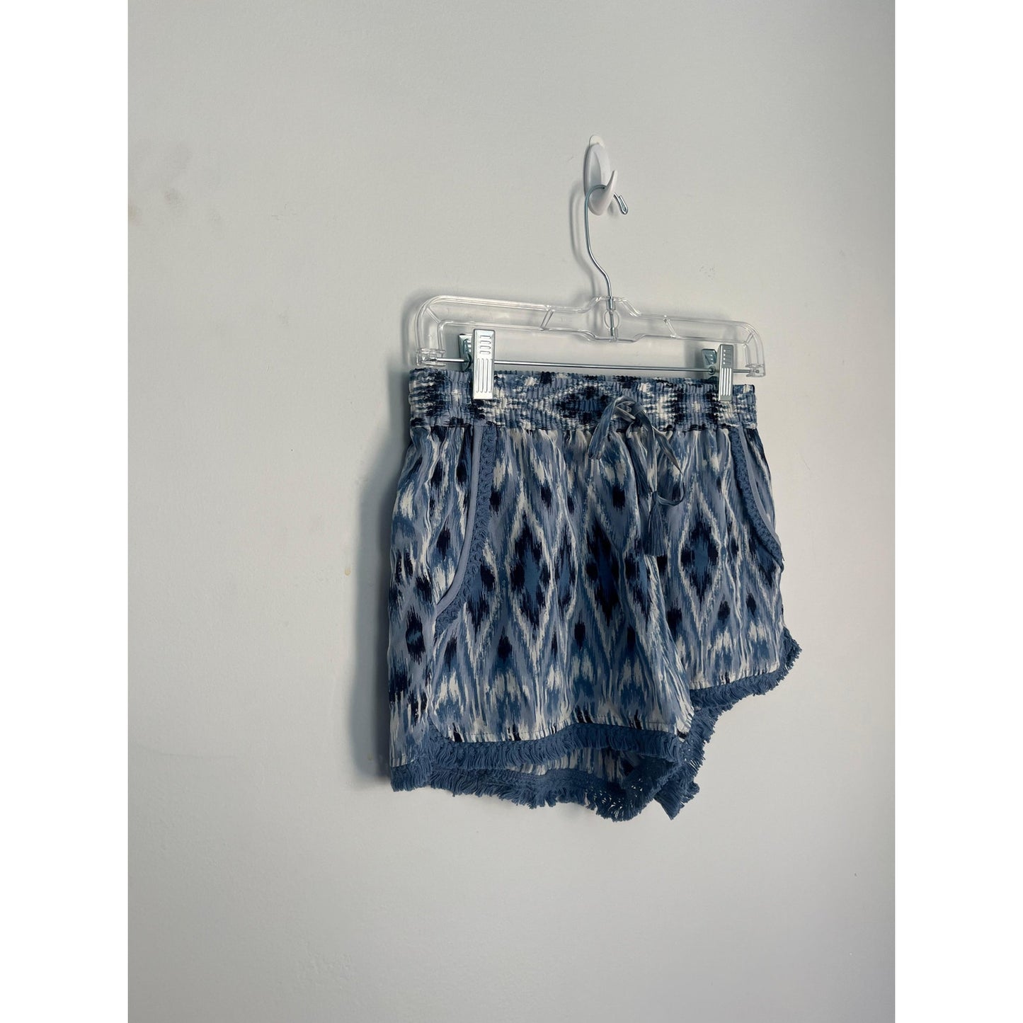 Joie Printed Shorts Women XS Blue White Ikat Smocked Waist Fringe Hem