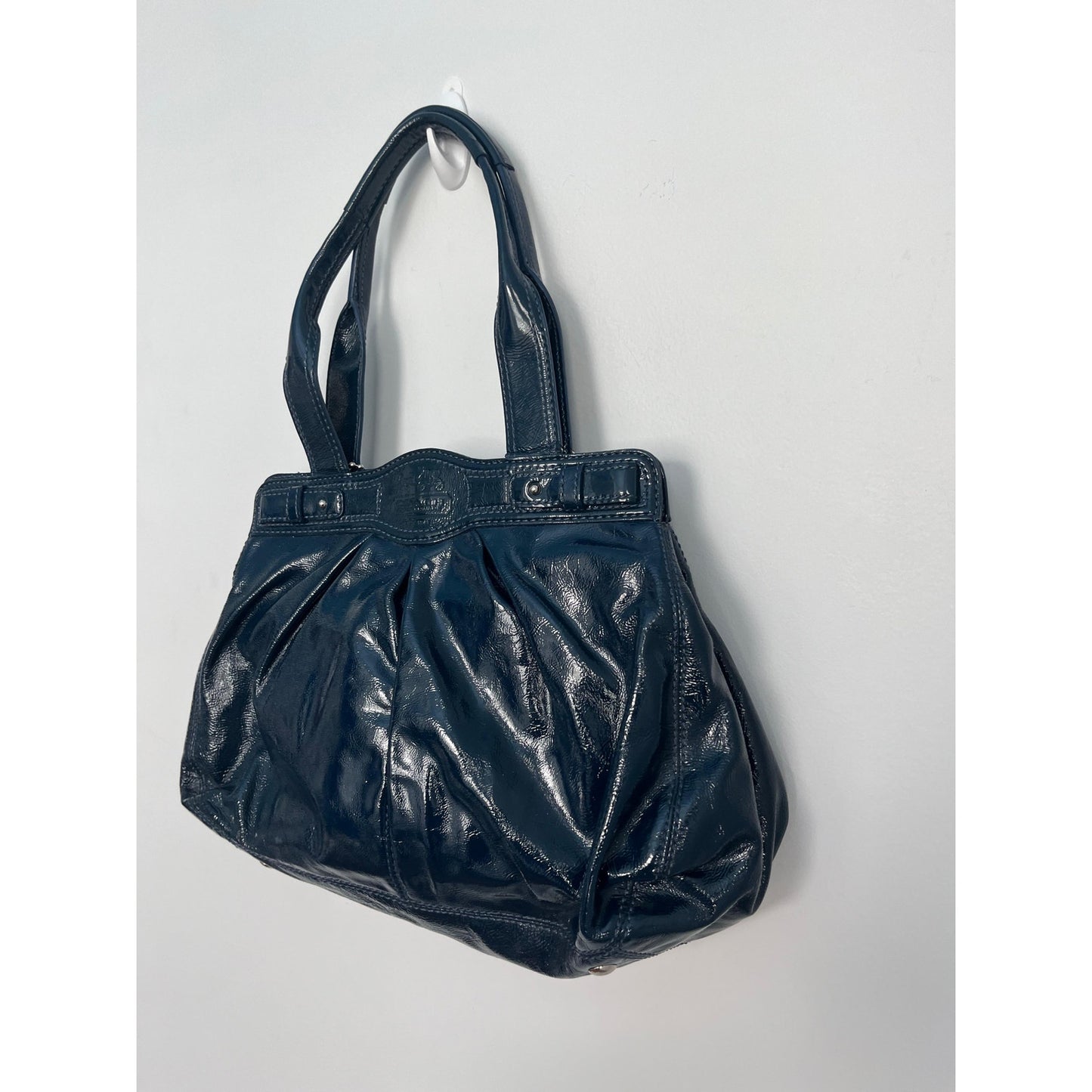 Coach Patent Leather Vintage Shoulder Bag Women Navy Pleated Turnlock Tote