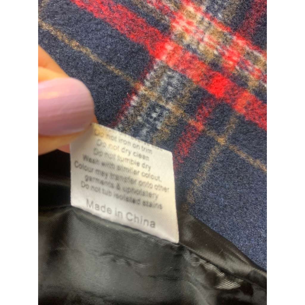 Love & Other Things Women M Navy Red Plaid Over Coat With Pockets