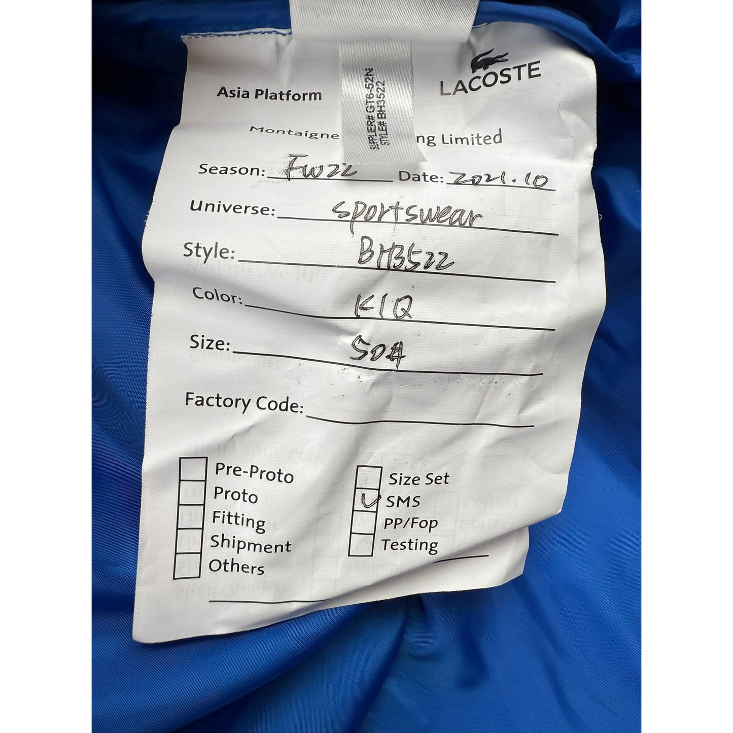 Sample Lacoste Men's Size Medium Blue Puffer Jacket Sample FW 22