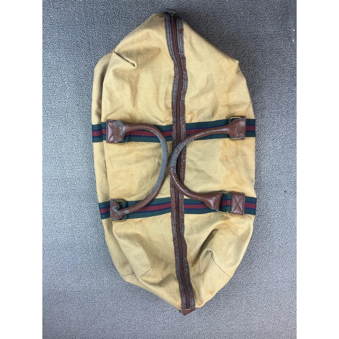 Vintage Polo Ralph Lauren Tan Green Red Stripe Canvas Overnight Duffel Bag