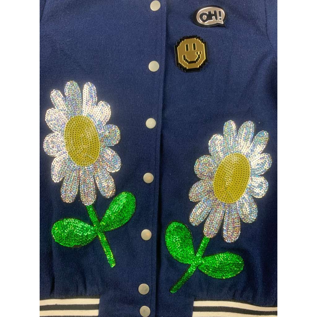 Signature 8 Varsity Bomber Jacket Women S Navy Blue Sequin Daisy Floral