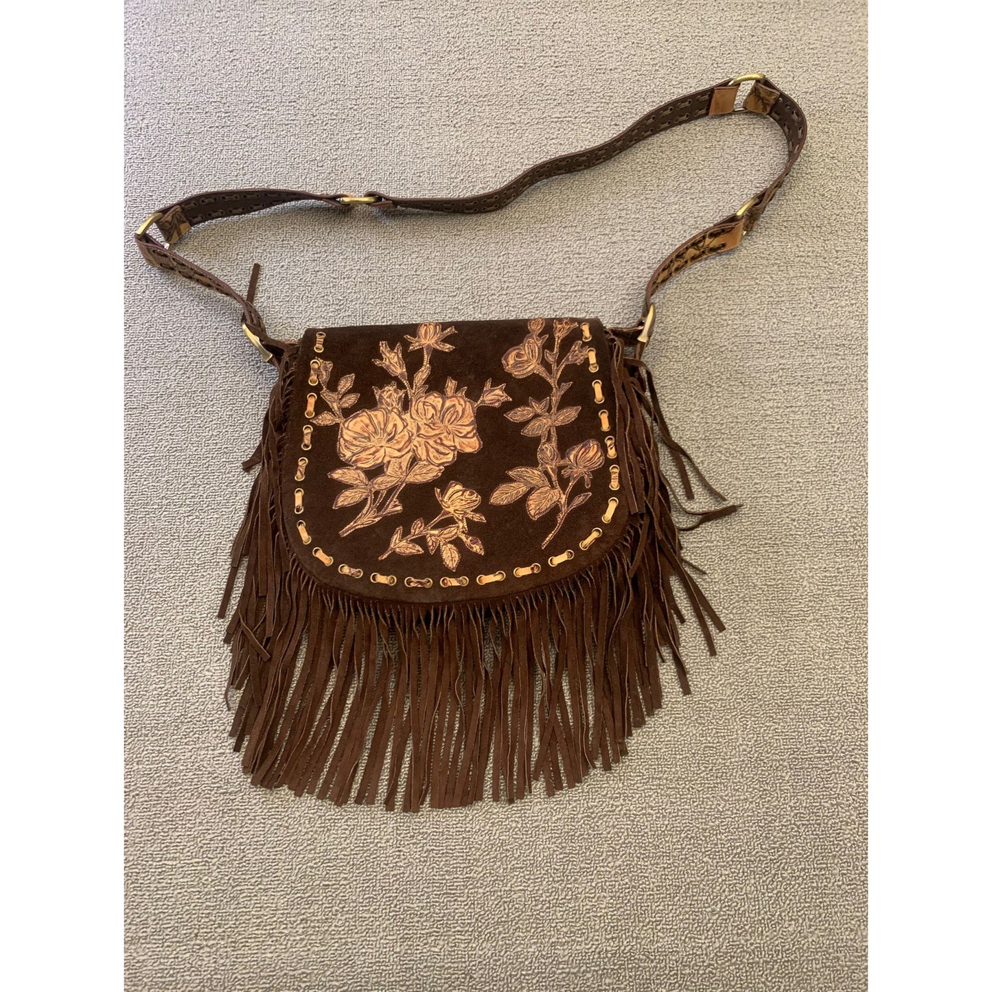 Isabella Fiore Women One Size Brown Suede Fringe Messenger Bag Floral