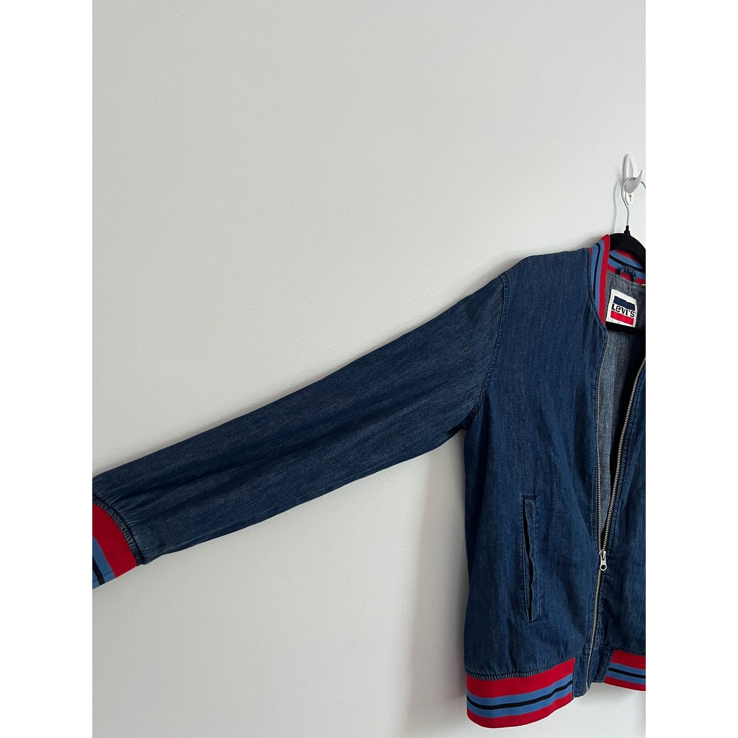 Levis Bomber Jacket Women S Blue Denim Zip Front Red Stripe Trim Retro Logo