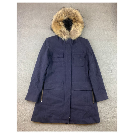 SAM Parka Women's Size Small Blue Jacket Wool Blend Real Fur Hood