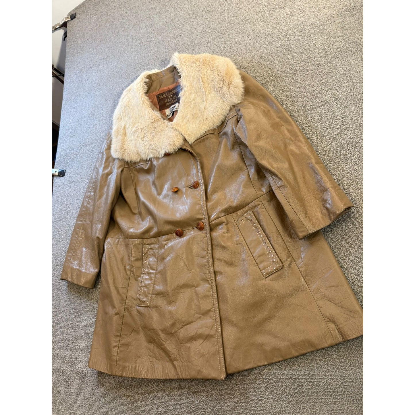 24K LEATHER Vintage Women's Beige Fur Collar Coat Jacket Vintage Retro Style