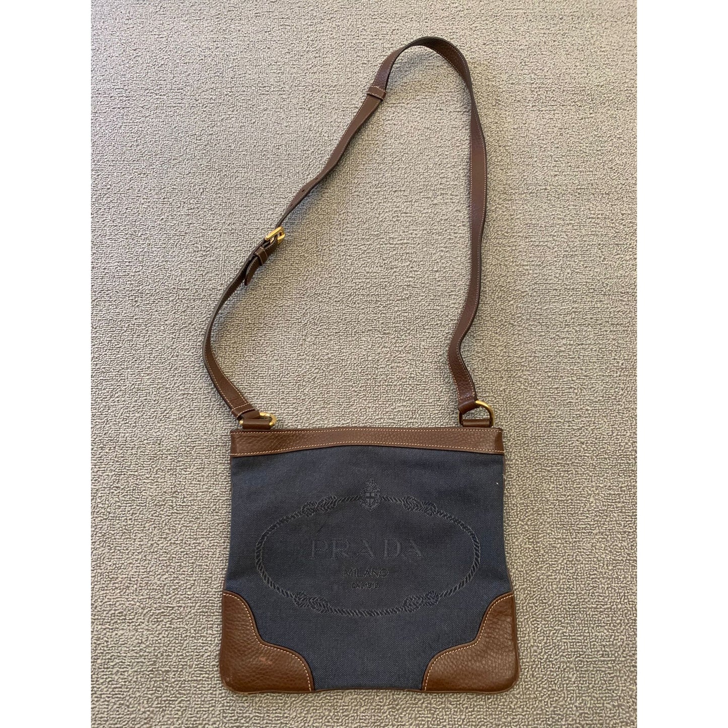 Prada Women Blue Brown Leather Crossbody Bag