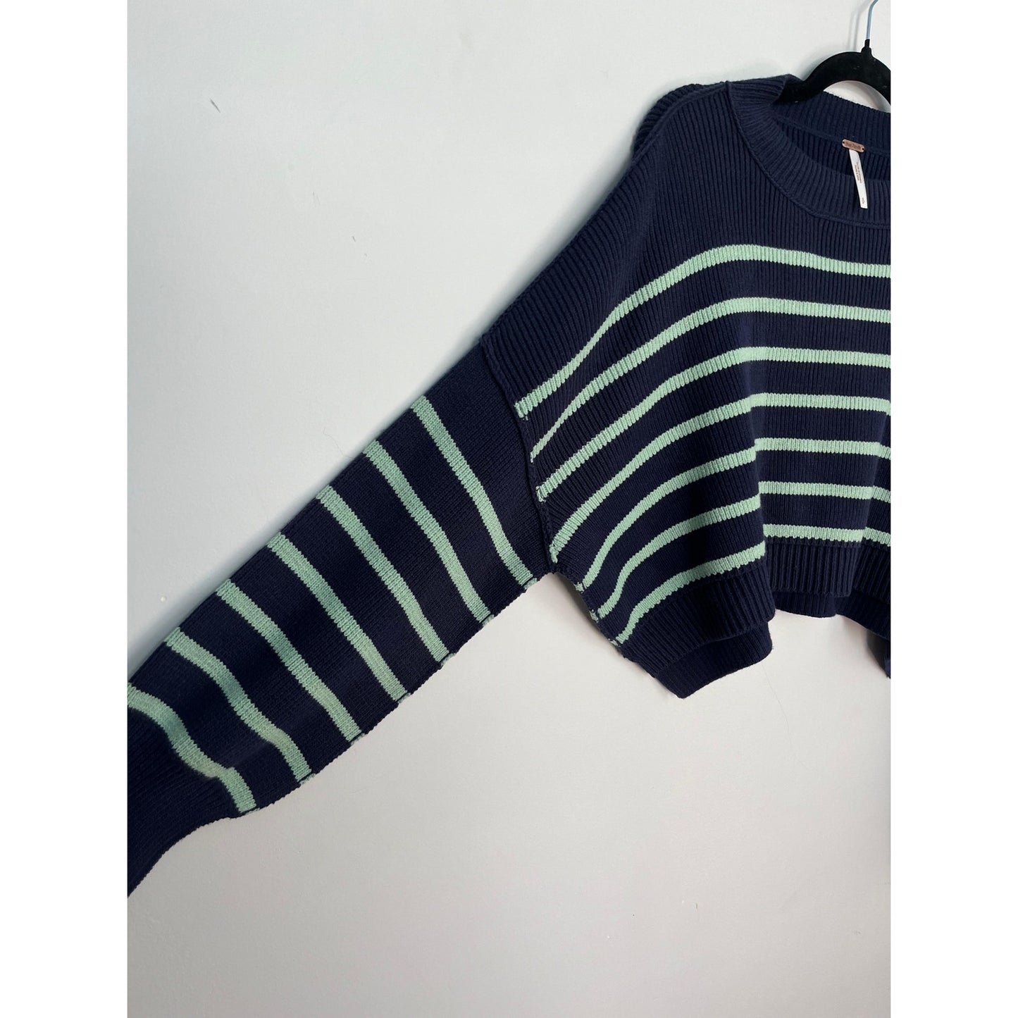 Free People Stripe Knit Cropped Sweater Women S Navy Green Pullover Boxy Fit