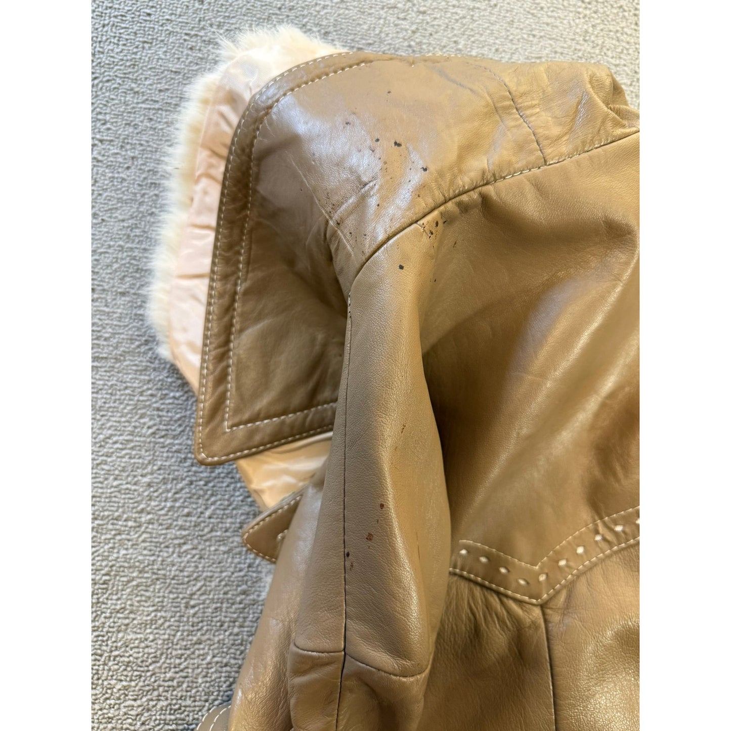 24K LEATHER Vintage Women's Beige Fur Collar Coat Jacket Vintage Retro Style