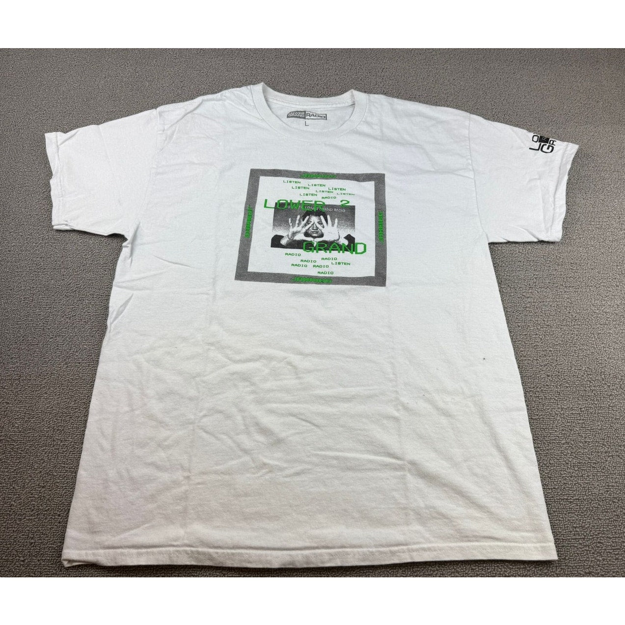Lower Grand Radio Men's Large White Green Graphic Print Jamming Tshirt