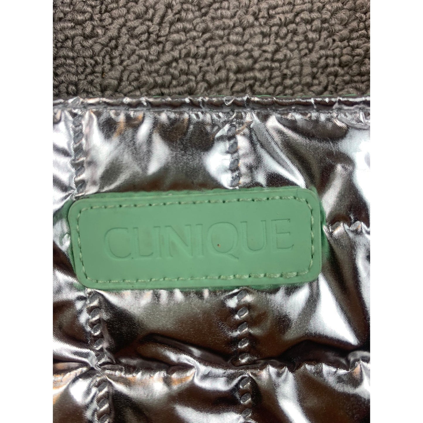 Clinique Women Small Silver Mint Green Puffer Quilted Tote Bag Cosmetic Pouch