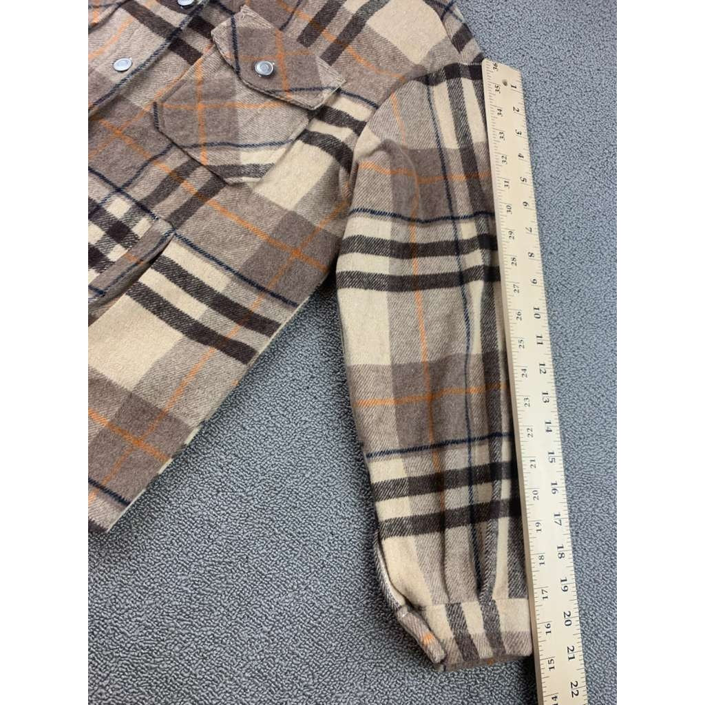 BoutiKome Plaid Shacket Womens S Tan Brown Brown Plaid Button Flannel Pockets