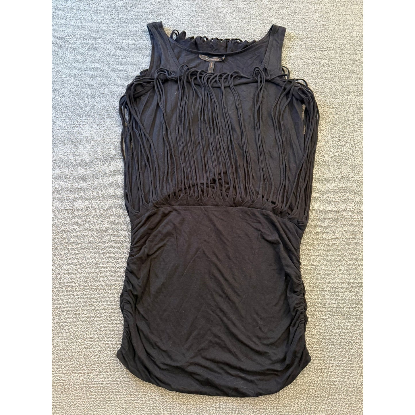 BCBG MAXAZRIA Womens Size XS Black Fringe Ruched Tank Top Boho Style