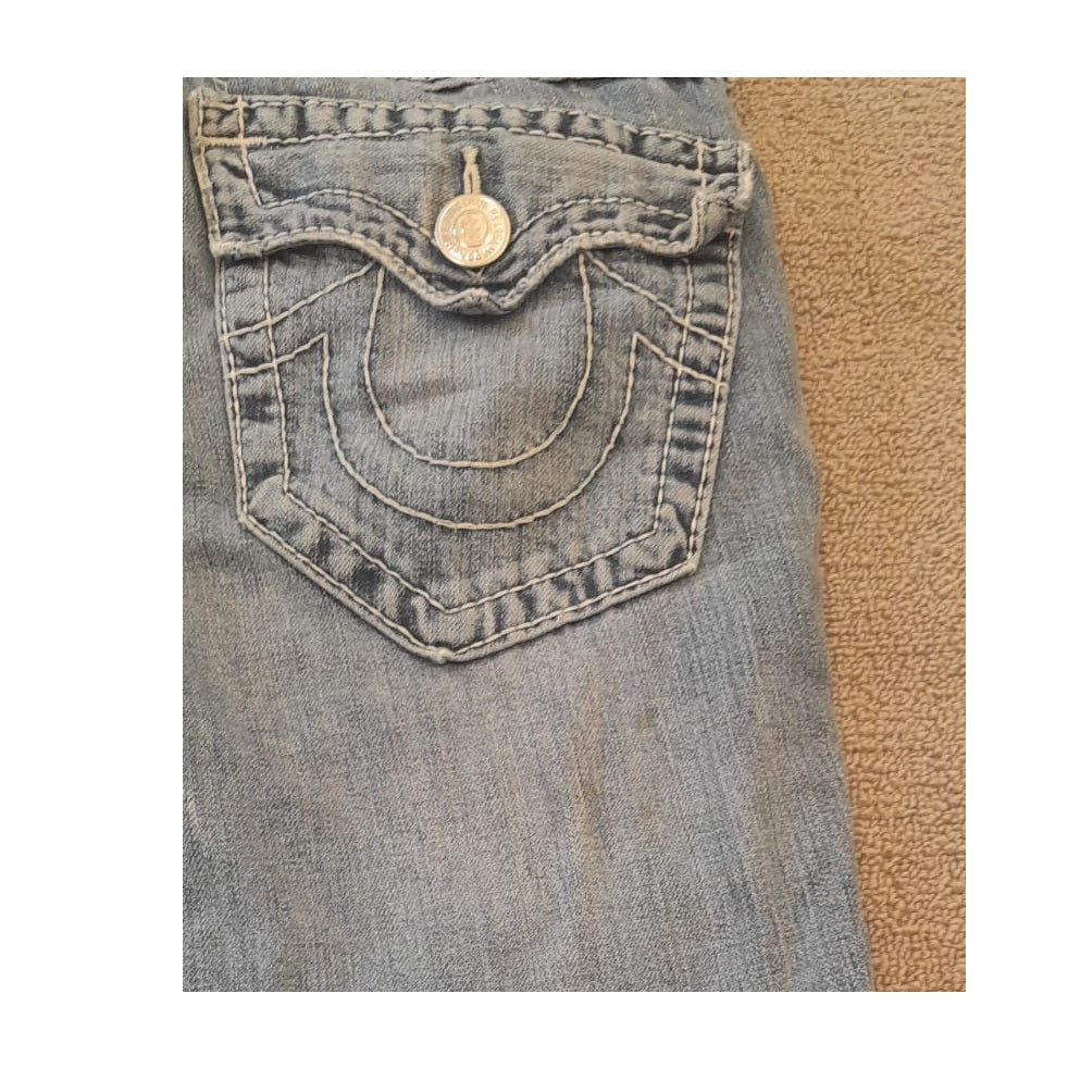 True Religion Womens 32 Light Wash Blue Bootcut Distressed Ripped Jeans