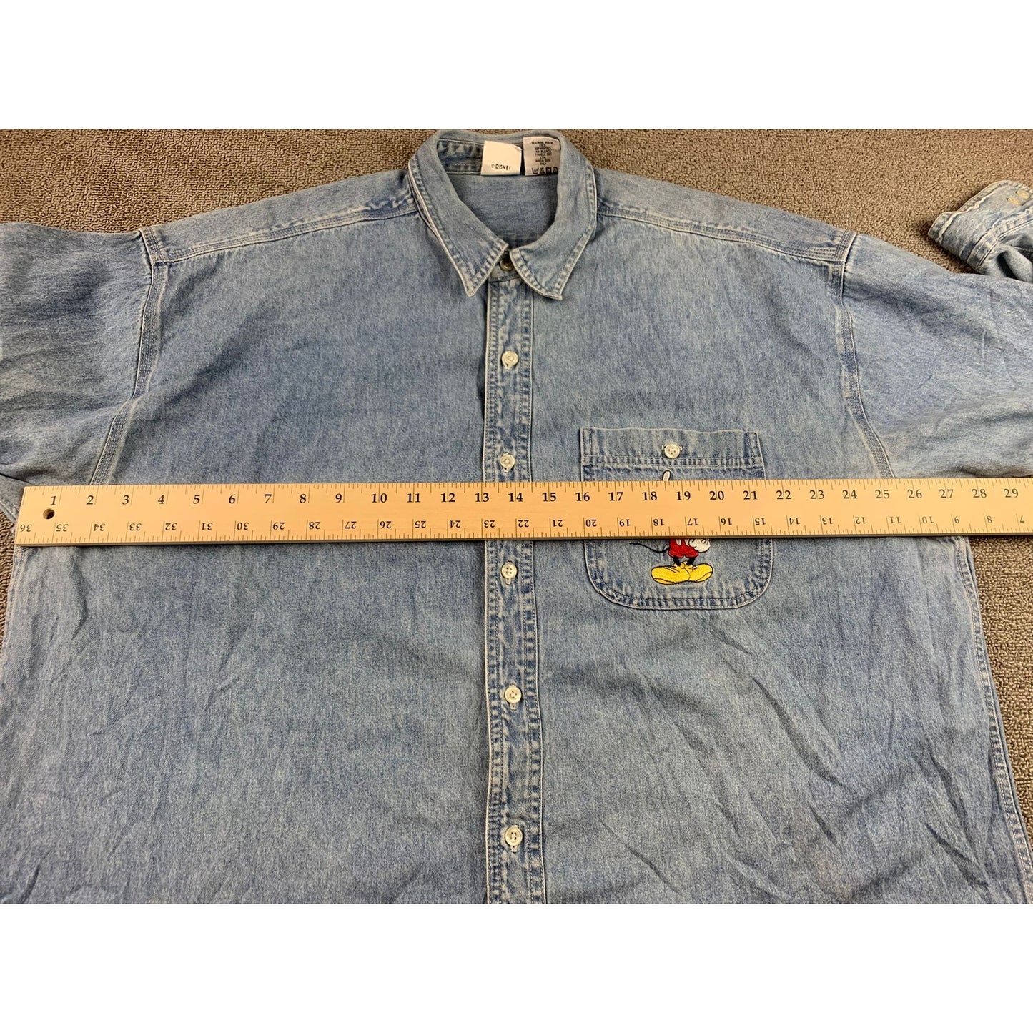 Vintage Disney Store Men's XXL Blue Denim Shirt Long Sleeve Mickey Flip Coin