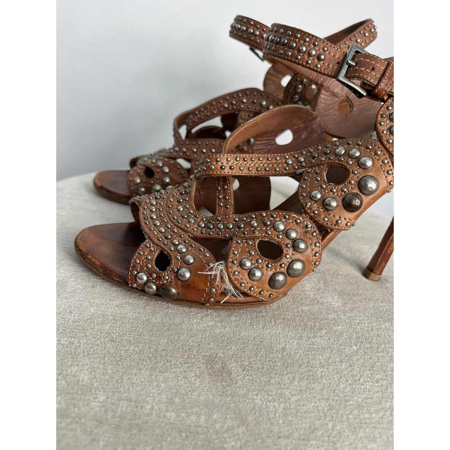 Alaia Studded Leather Heeled Sandals Women US8 Brown Strappy High Heel