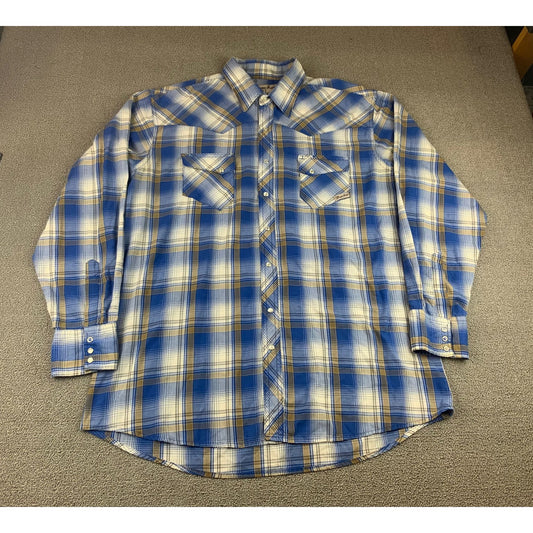 Wrangler Wrancher Pearl Snap Western Shirt Men's XLT Blue Plaid Cowboy