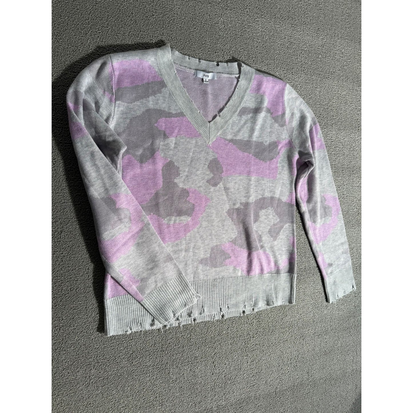 Fate Light Purple Camo Distressed V‑neck Sweater Women S Casual Grunge
