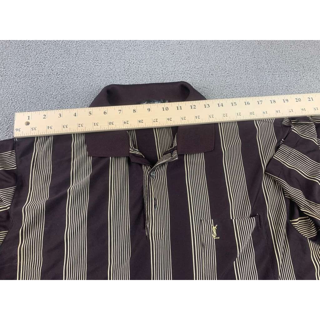 Yves Saint Laurent Polo Men XXL Brown Tan Shirt Vertical Stripe Embroidered Logo