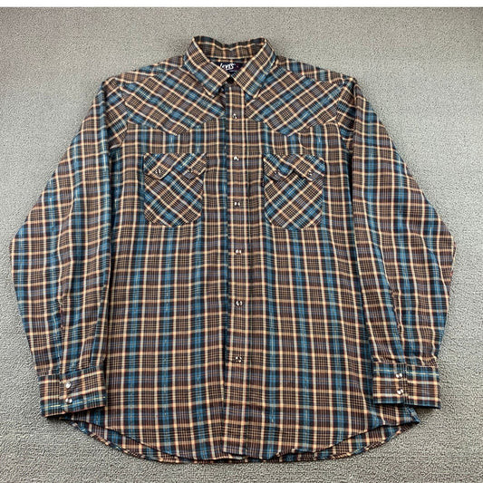 Vintage Levis Western Shirt Men Large Sawtooth Pearl Snap Metallic Stripes Plaid