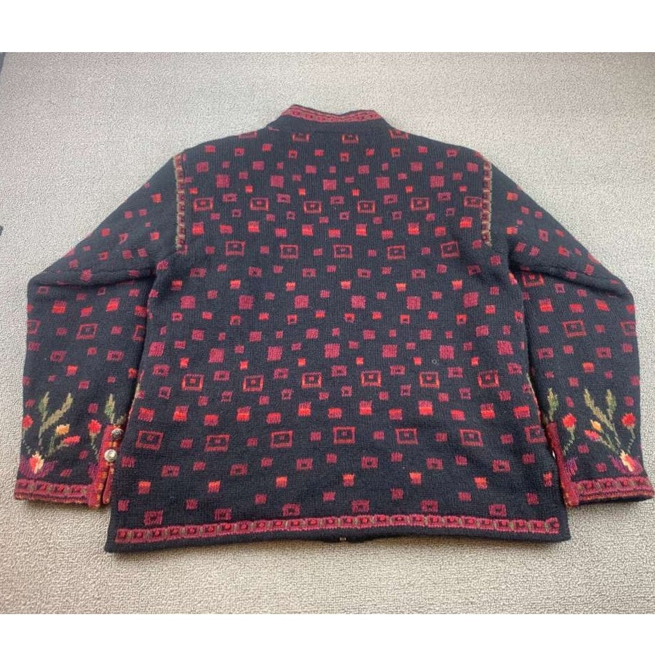 Vintage Icelandic Design Zip Up Size Small Sweater Wool Blend Flowers Red Black