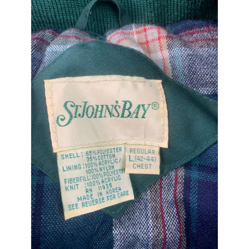 St John’s Bay Men’s Size Large Green Plaid Lined Hooded Parka Jacket Korea Made