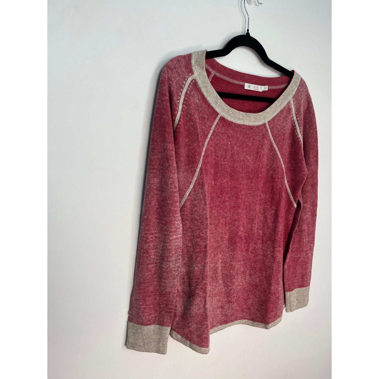 Raffi Cashmere Raglan Sweater Women M Red Contrast Stitch Crewneck