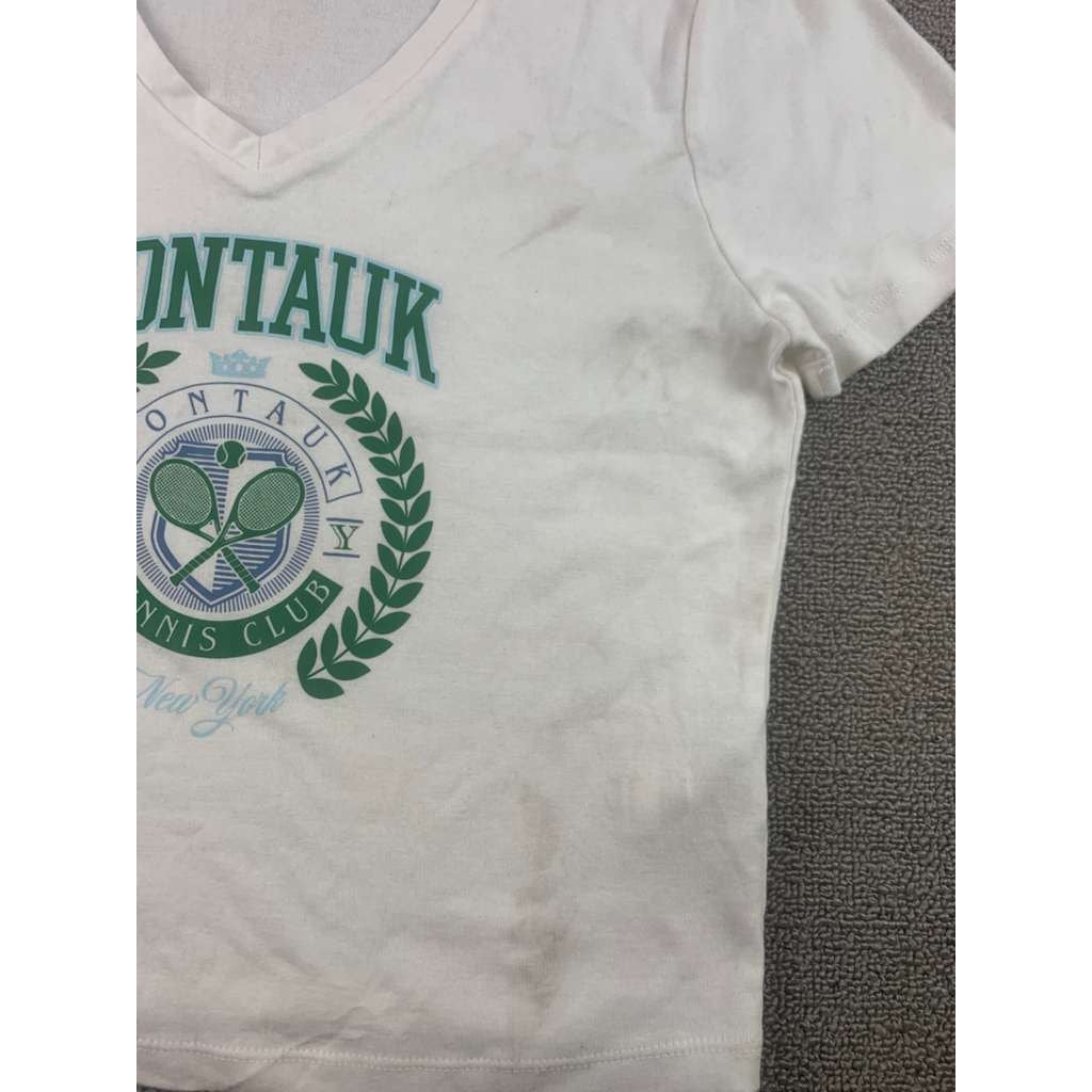 Forever 21 Women 1X White Plus Montauk Tennis Club Tee V Neck Crop Graphic Shirt