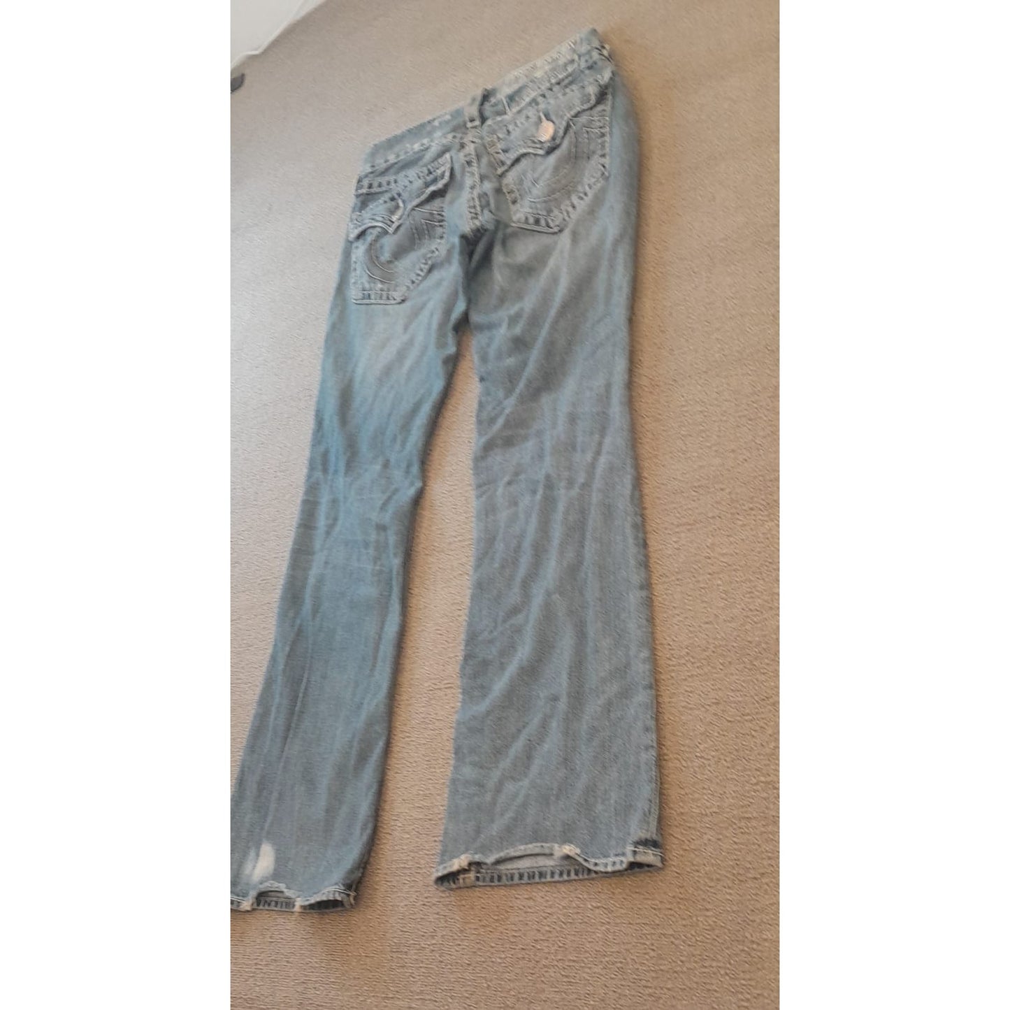 True Religion Womens 32 Light Wash Blue Bootcut Distressed Ripped Jeans