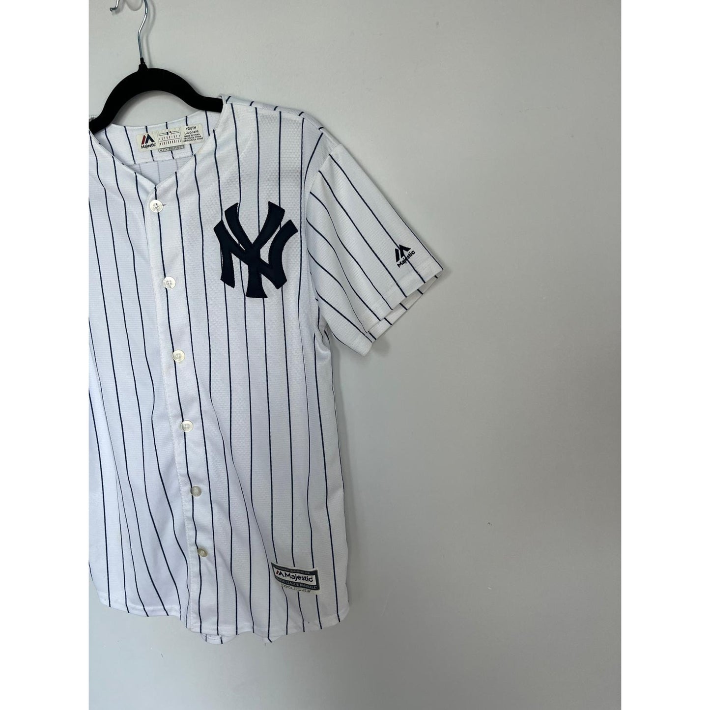 Majestic Yankees Jersey Youth L White Navy Pinstripe Cool Base