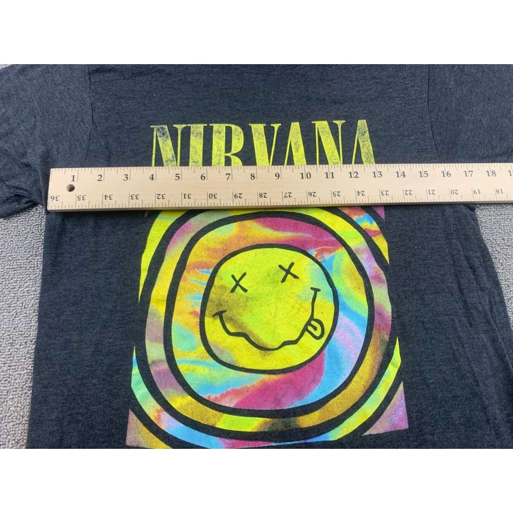 Nirvana Men's Large Charcoal Black Tie Dye Smiley Face Graphic Band T Shirt