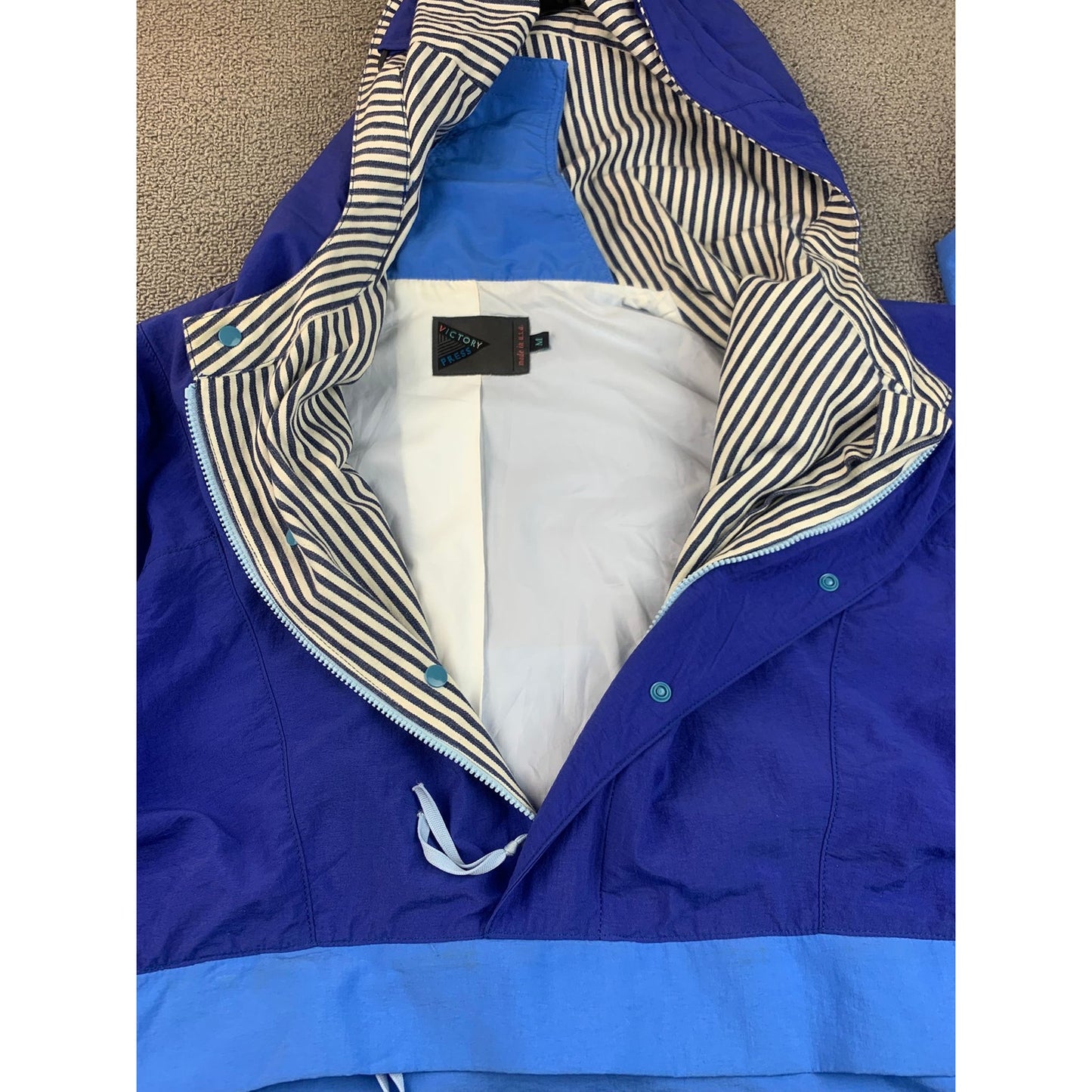 Press Victory Men's Medium Blue Pullover Anorak Hooded Windbreaker Made in USA