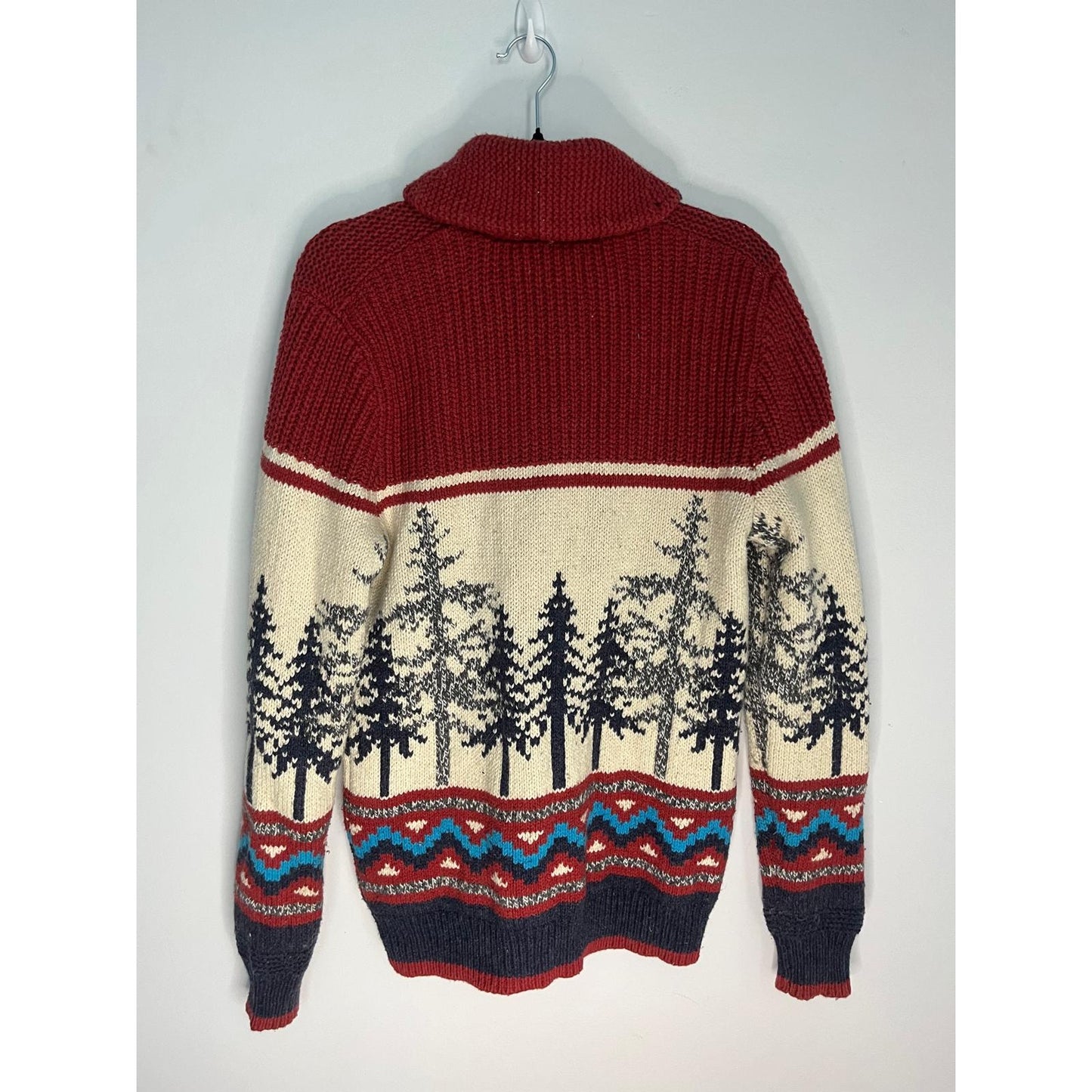 American Eagle Cardigan Women XS Knit Sweater Red Winter Fair Isle Zip Trees