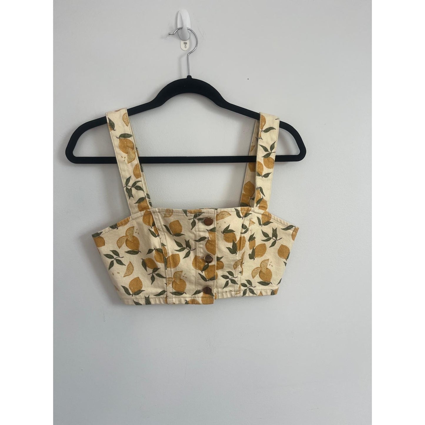 Reformation Crop Top Women XS Yellow Lemon Print Denim Corset Button