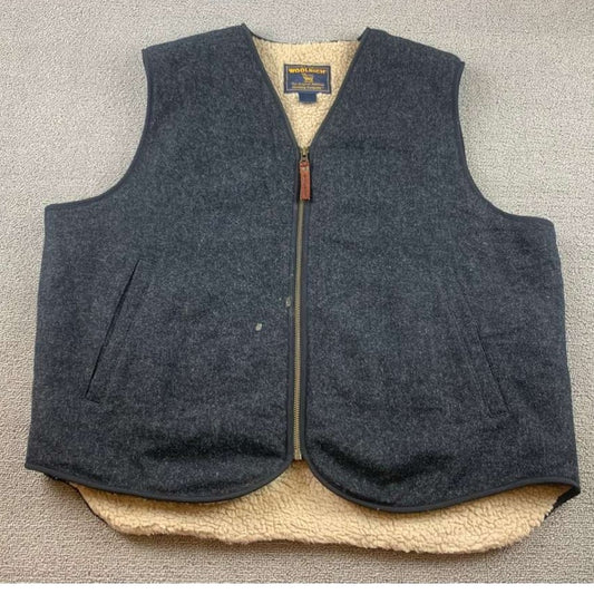 Vintage Woolrich Wool Men's Large Charcoal Gray Vest Sherpa Lined Zip Up Outdoor