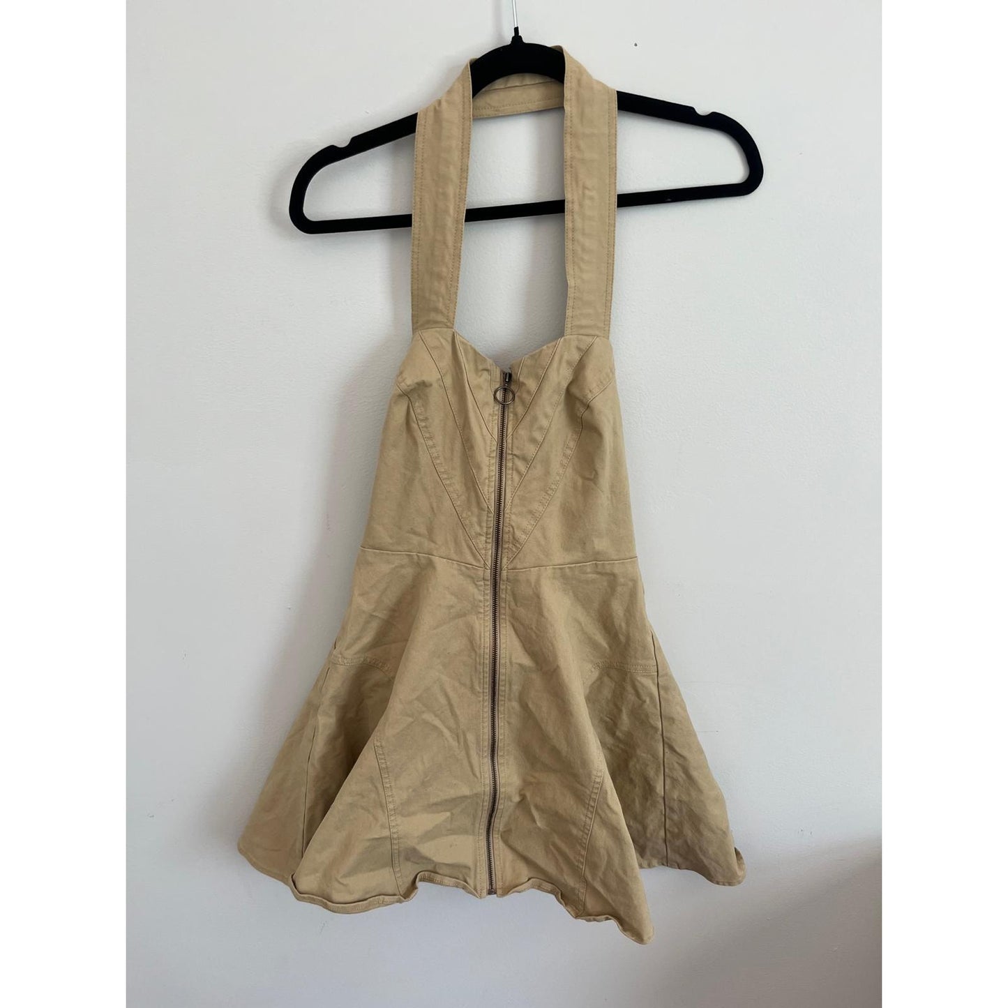 Bardot Halter Mini Dress Women XS Beige Zip Front Flared Cotton