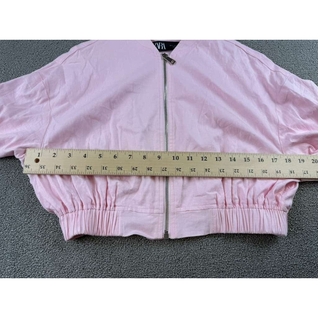 Zara Cropped Jacket Women S Pink Zip Front Elastic Hem Long Sleeve Ribbed Cuffs