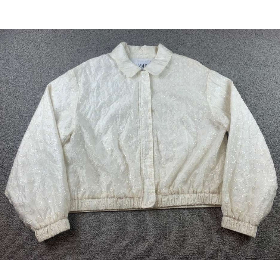 Zara Embroidered Jacket Kids13-14 Cream Floral Eyelet Bomber Elastic Hem