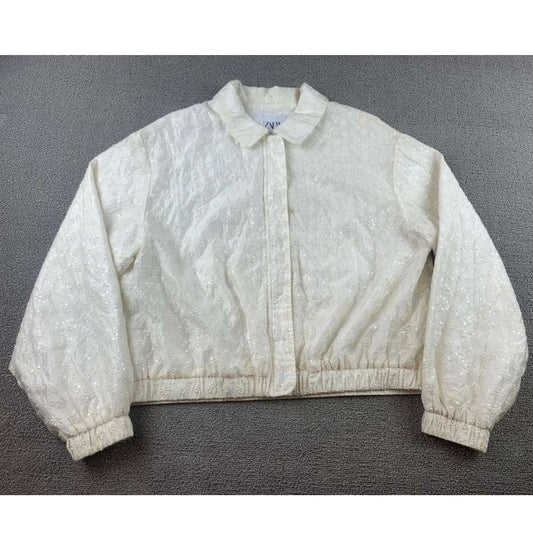 Zara Embroidered Jacket Kids13-14 Cream Floral Eyelet Bomber Elastic Hem