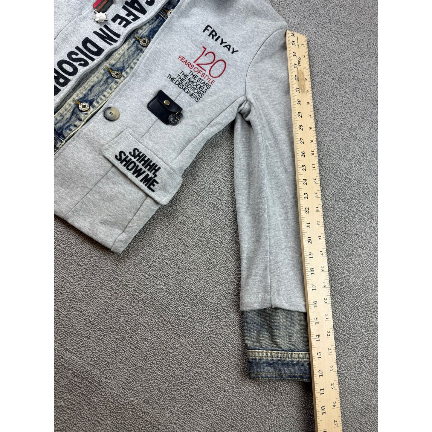 Peace Love & Seven Seventy Women's Small Graphic Patchwork Art Denim Mix Jacket