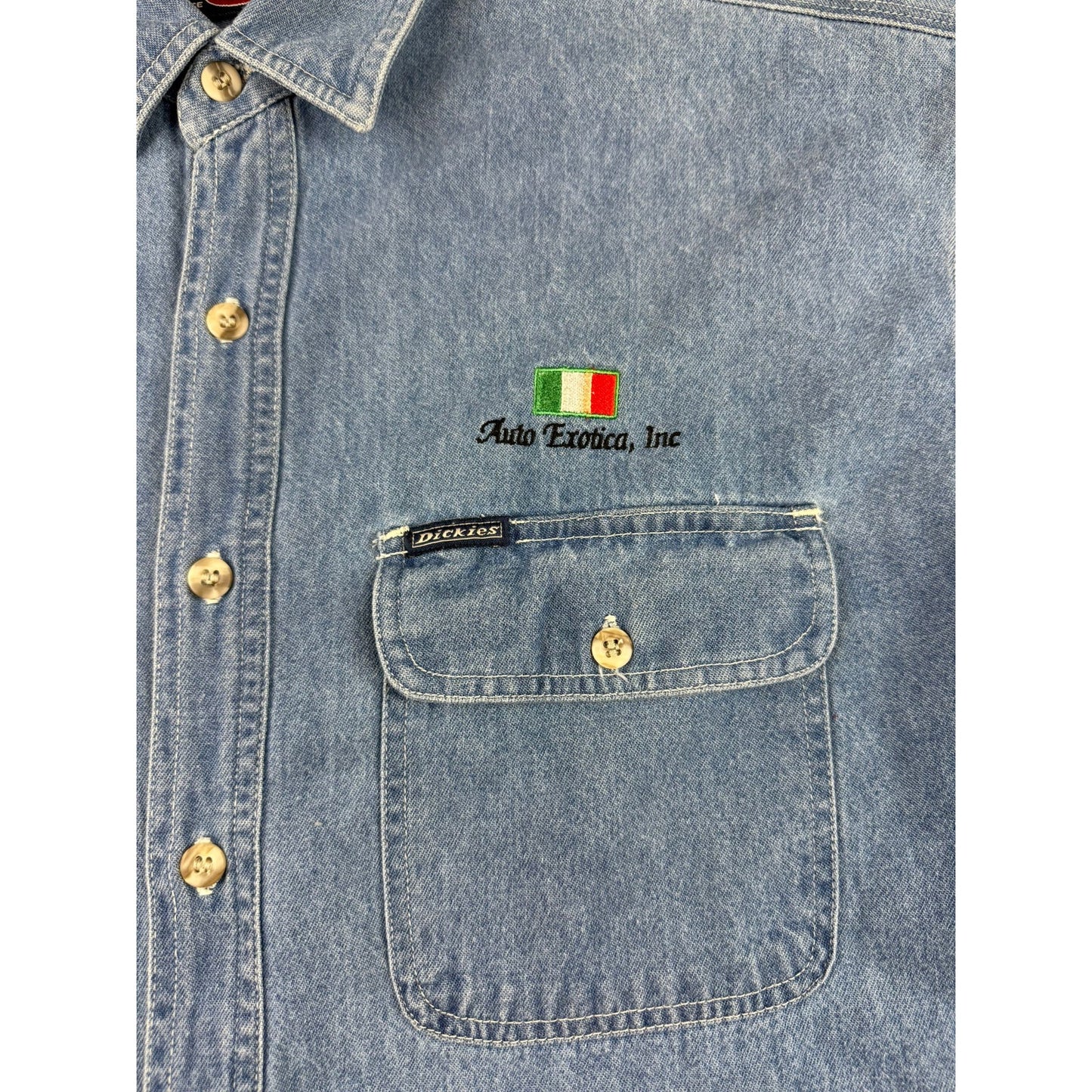 Y2K Dickies Denim Shirt Blue L Button Down Embroidered Auto Erotica Italy Flag